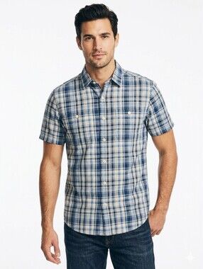 Nautica Shirt Blue Plaid Short Sleeve Button Down Size Medium